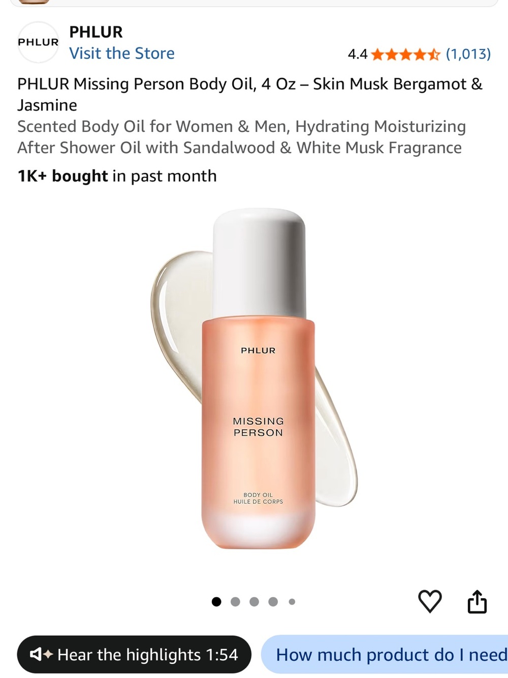 PHLUR Missing Person Hydrating Body Oil